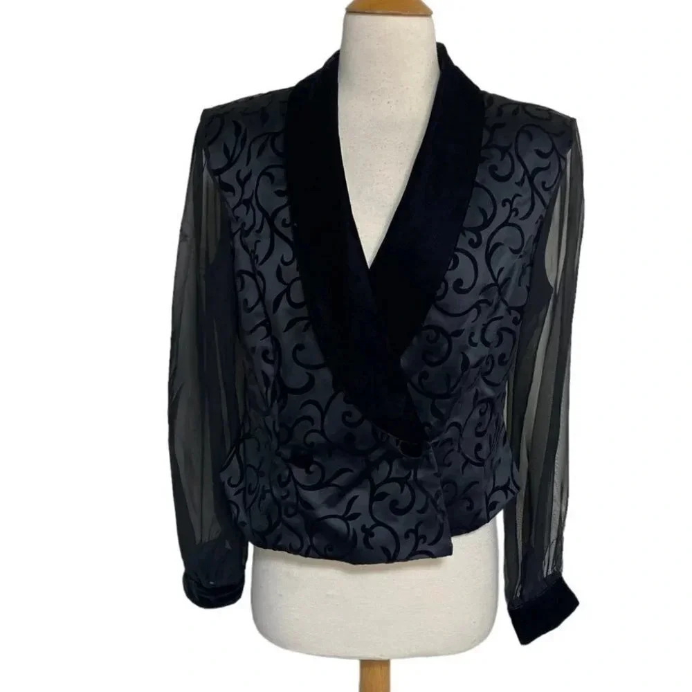 J.R. Nite by Caliendo 12 black velvet accent formal jacket top sheer‎ sleeves
